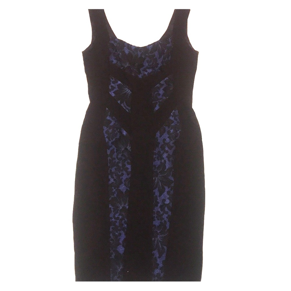 Stretch crepe paneled fitted dress scoop neckline